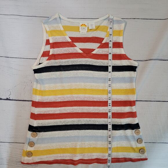 C&C California Size XS 100% Linen Colorful Striped Sleeveless Top Side Buttons - Picture 4 of 8
